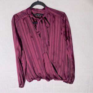 Guess Burgundy Satiny Semi Sheer Striped Faux Wrap Blouse W Neck Tie L